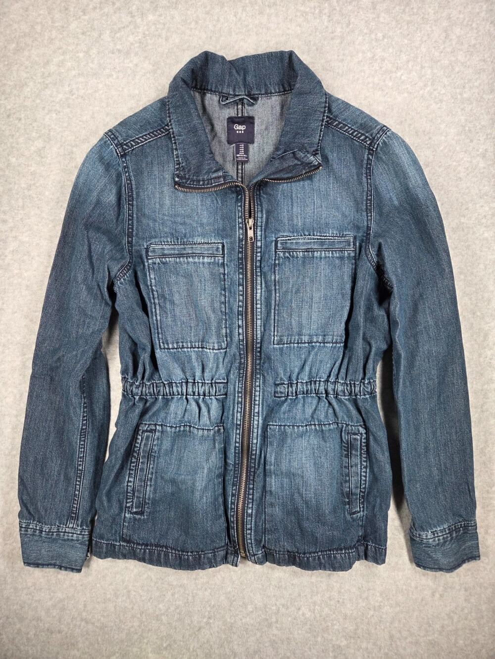 Gap Women's Medium M Jean Denim Utility Jacket Full Zip Cinch Waist cozy fall